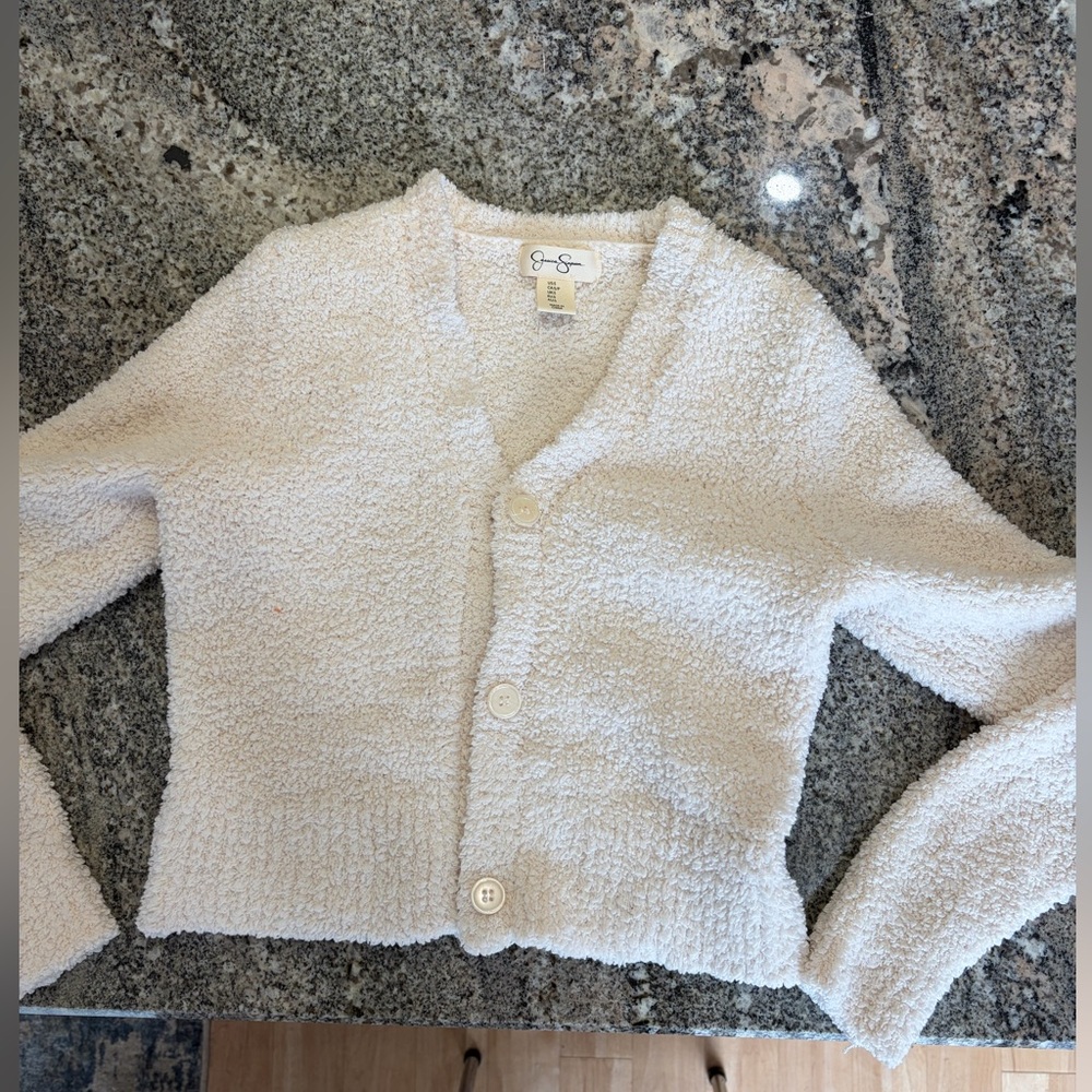 #126  Jessica Simpson Adorable Cream Button-Front Bouclé Cardigan. Like New!